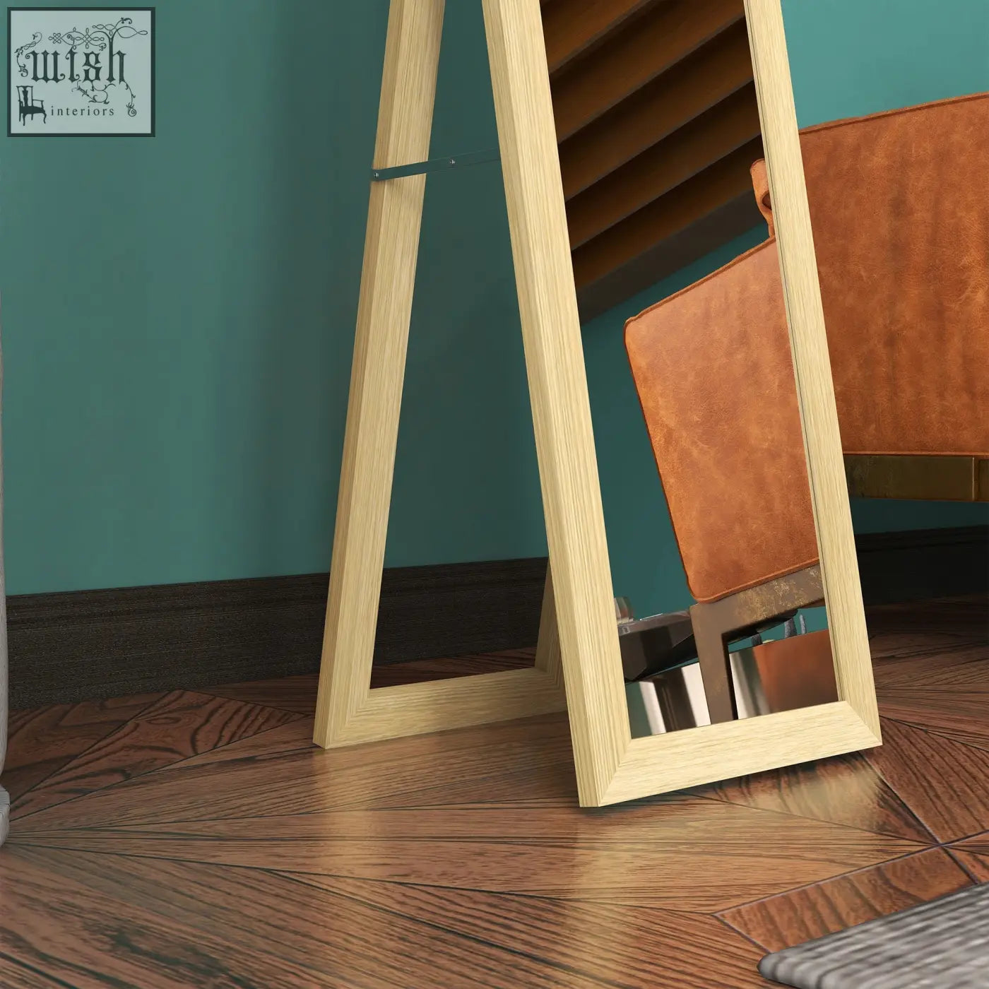 Minimalist standing floor mirror with light oak mdf frame and clean lines for living room or bedroom use