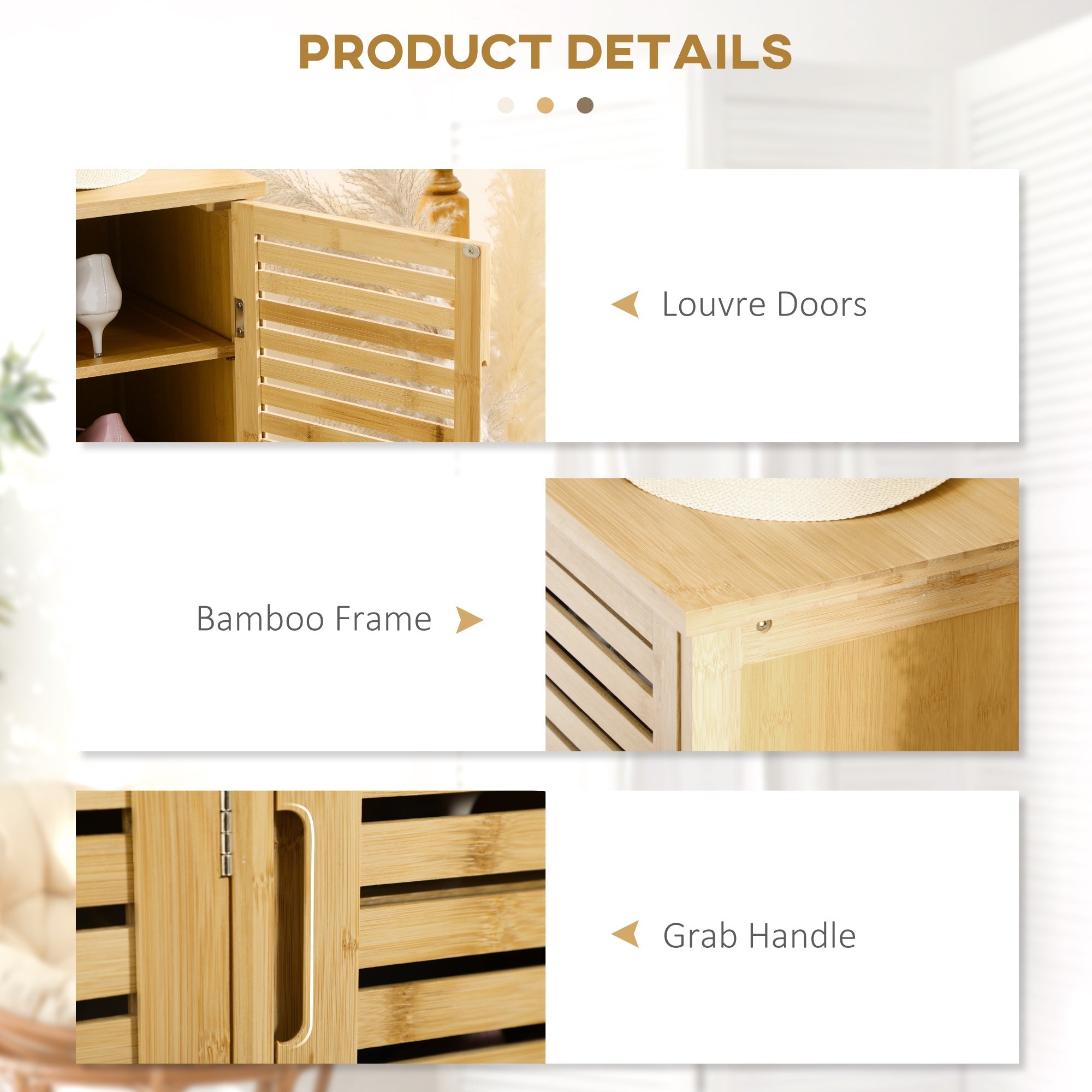 Homcom rustic shoe storage cabinet in natural bamboo with 3 slatted louvre doors and sleek grab handles