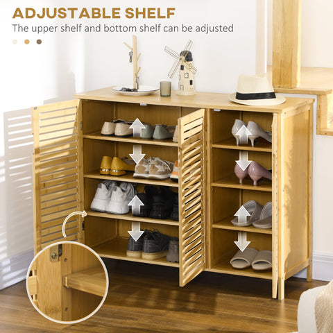Homcom rustic shoe storage cabinet with light wood bamboo finish slatted doors and adjustable shelves