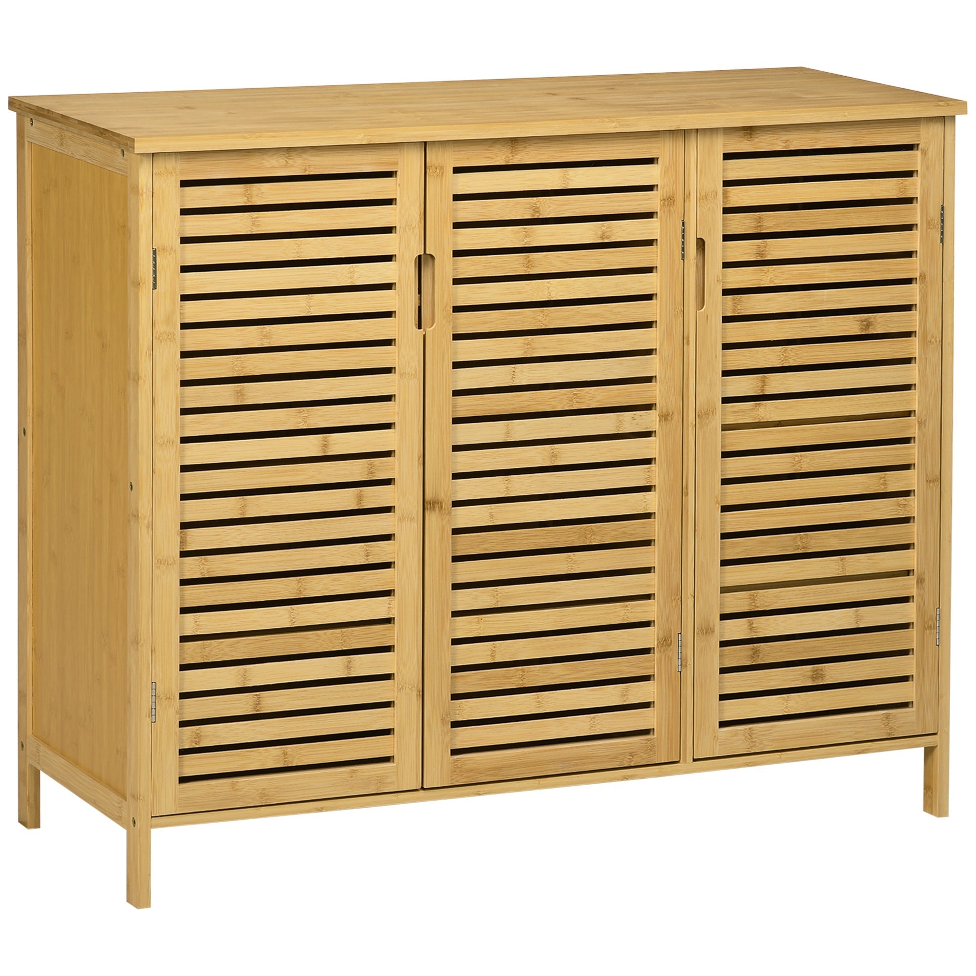 Light brown bamboo shoe storage cabinet with three slatted doors and a flat top for organized shoe storage