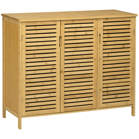 Light brown bamboo shoe storage cabinet with three slatted doors and a flat top for organized shoe storage