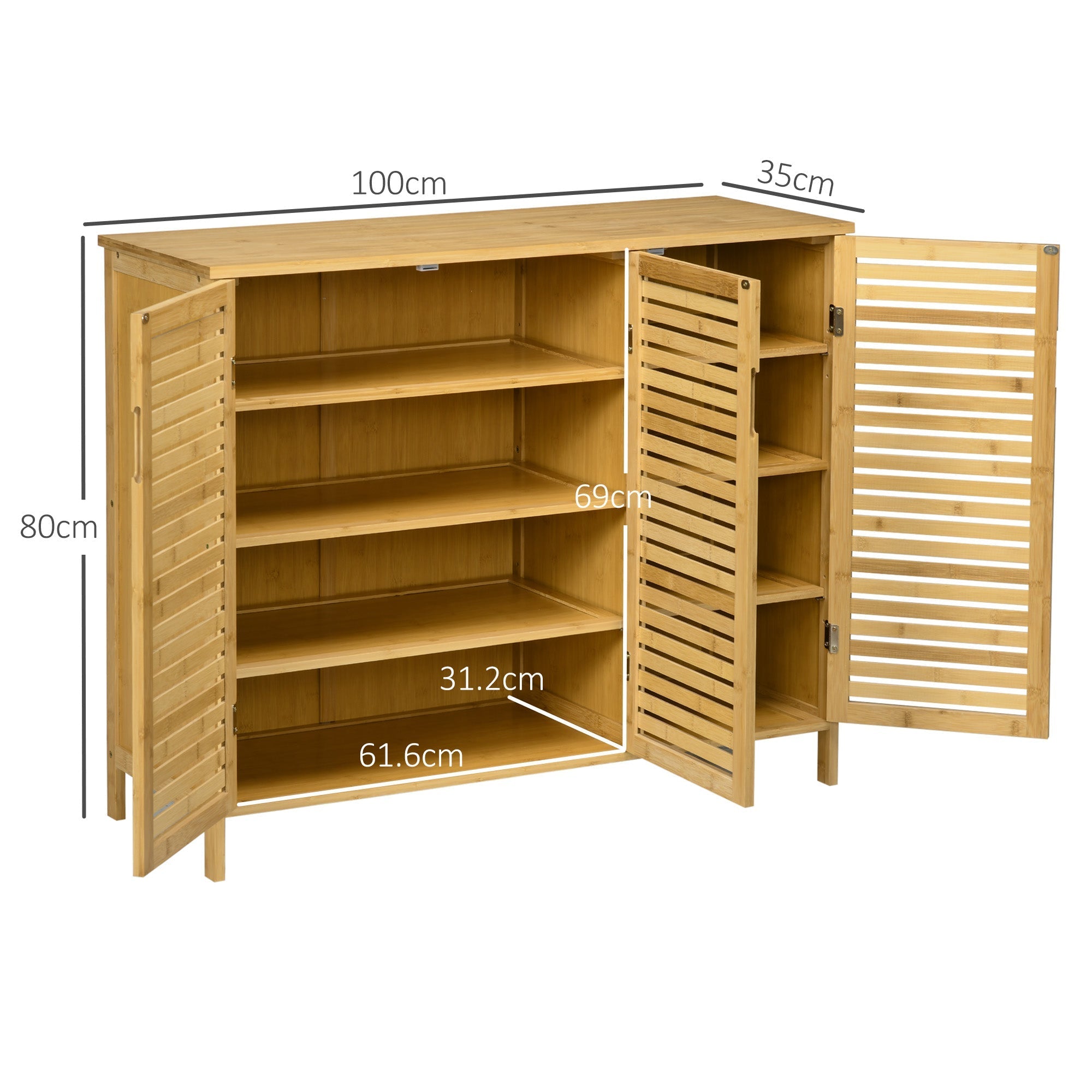 Light brown bamboo shoe storage cabinet with 3 slatted doors and 8 shelves for organized shoe storage