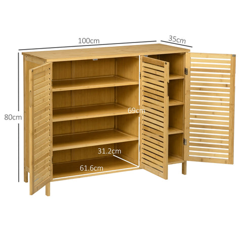 Light brown bamboo shoe storage cabinet with 3 slatted doors and 8 shelves for organized shoe storage