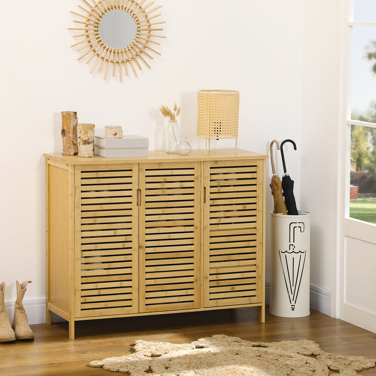 Light-colored homcom rustic shoe storage cabinet with three slatted doors and natural wood finish for shoe storage