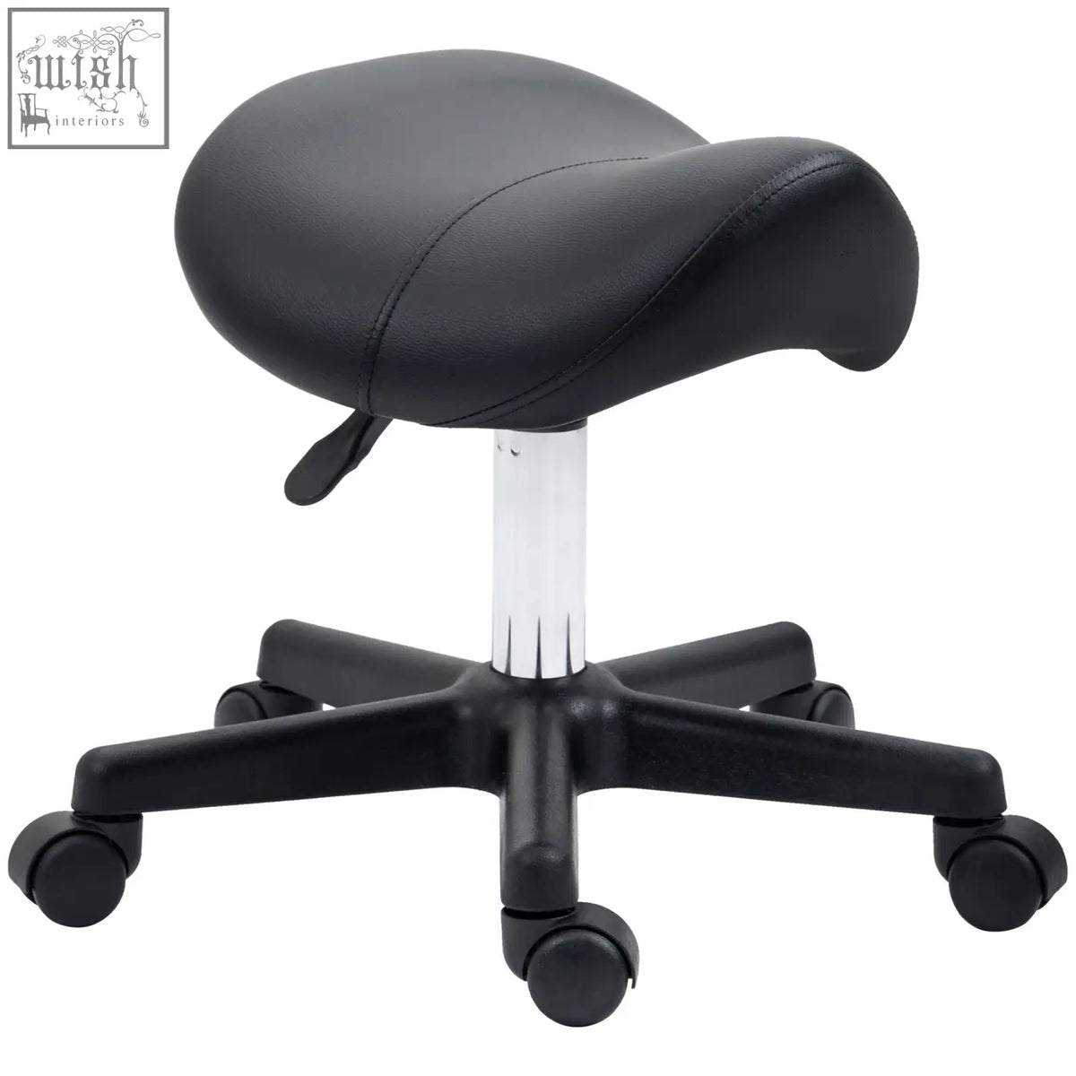 Black HOMCOM saddle stool with padded seat, steel frame, chrome column, and five black casters for salon use