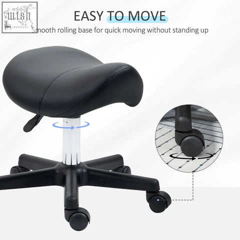 Black homcom saddle stool with padded seat steel frame and rolling base for easy mobility in salon or spa use