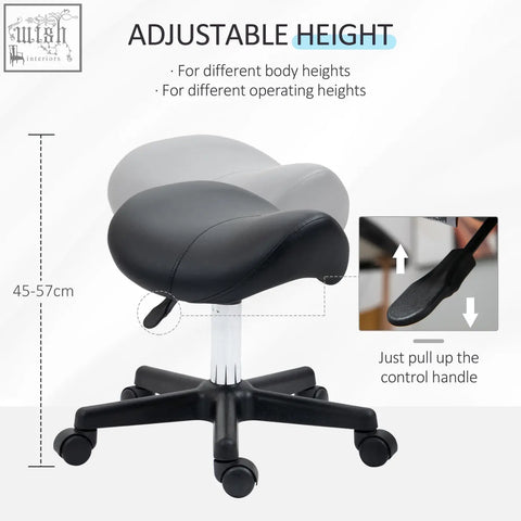 Black homcom saddle stool with padded seat steel frame adjustable height and five-wheel base for salon use