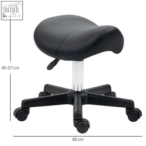 Black homcom saddle stool with padded seat and steel frame on chrome base with five casters for salon use