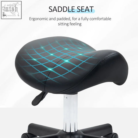 Black homcom saddle stool with padded seat, steel frame, and glowing blue grid pattern for salon and spa use