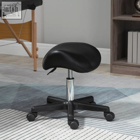 Black homcom saddle stool with padded pu leather seat and steel frame on rolling chrome base for salon use