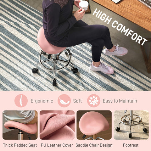 Pink pu leather saddle chair with chrome base and black casters for salon spa clinic and tattoo use
