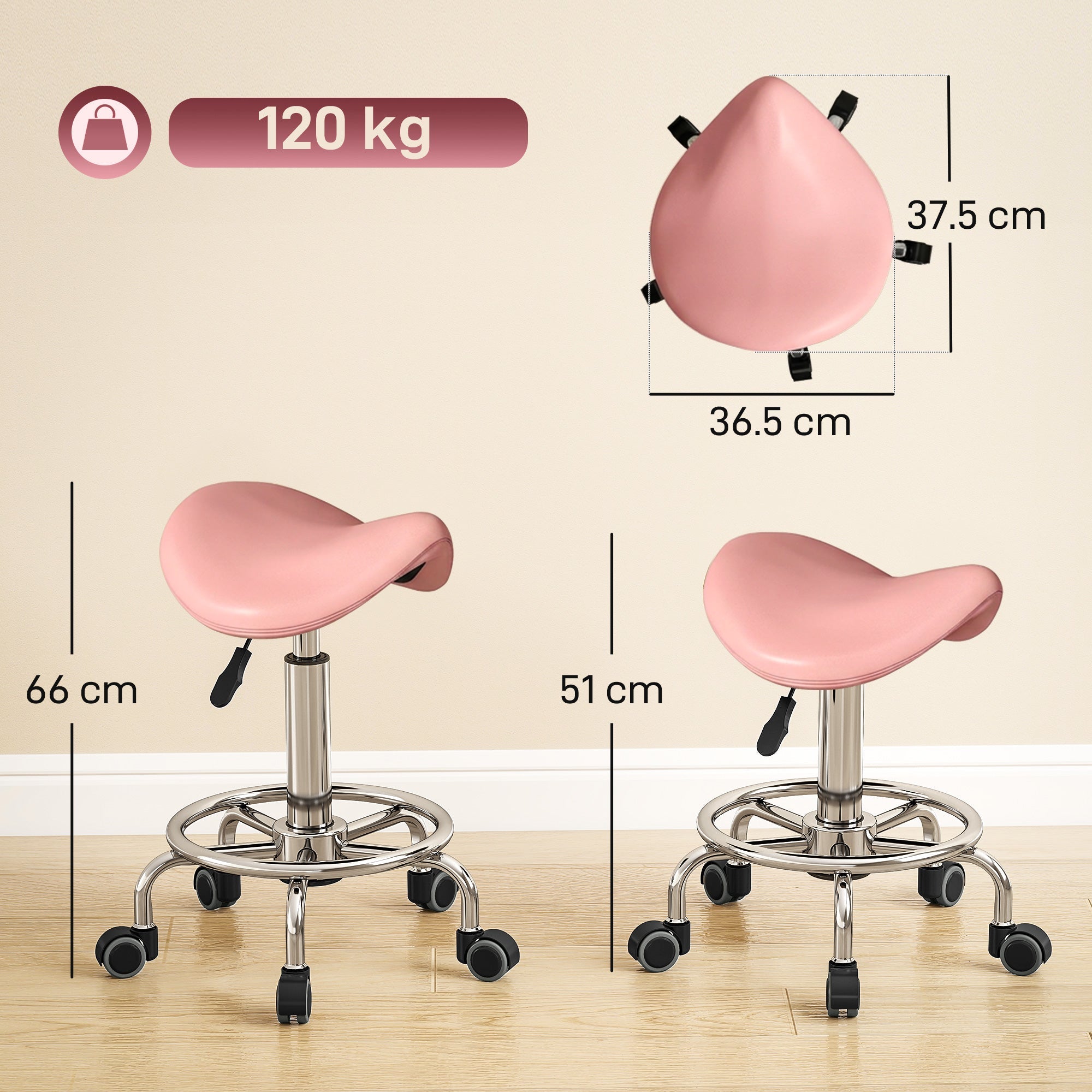 Pink homcom saddle stool with chrome metal base and casters ideal for salon spa clinic and tattoo use