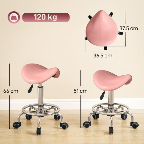 Pink homcom saddle stool with chrome metal base and casters ideal for salon spa clinic and tattoo use