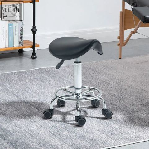 Black leather ergonomic saddle stool with chrome base and casters perfect for salon spa and clinic use