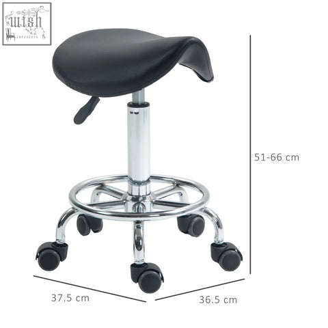 Black leather homcom saddle stool with chrome base and casters perfect for tattoo studios and salon use
