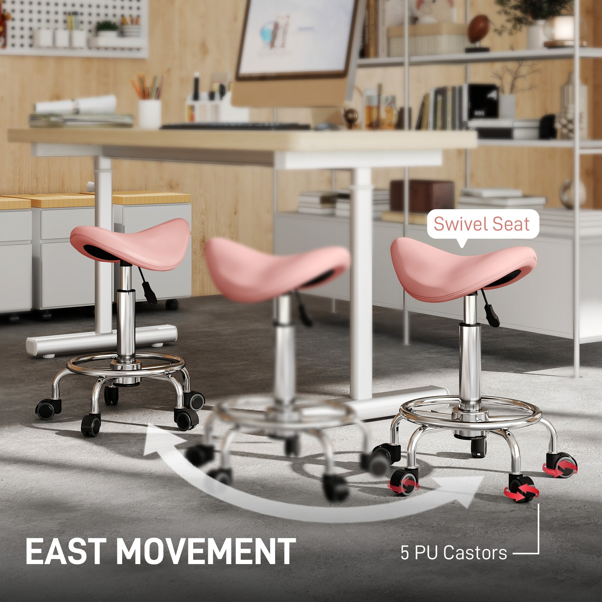 Pink homcom saddle stool with chrome frame and five pu casters ideal for salon spa clinic and beauty use