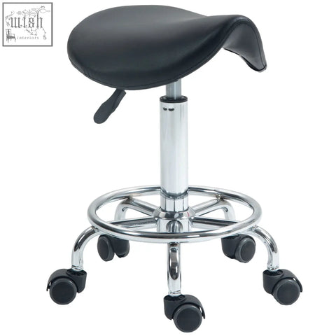 Black leather homcom saddle stool with chrome base and casters ideal for tattoo studios spa and beauty use