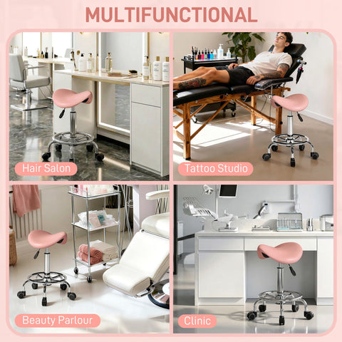 Pink homcom salon saddle stool with chrome base and casters shown in spa clinic beauty and tattoo settings