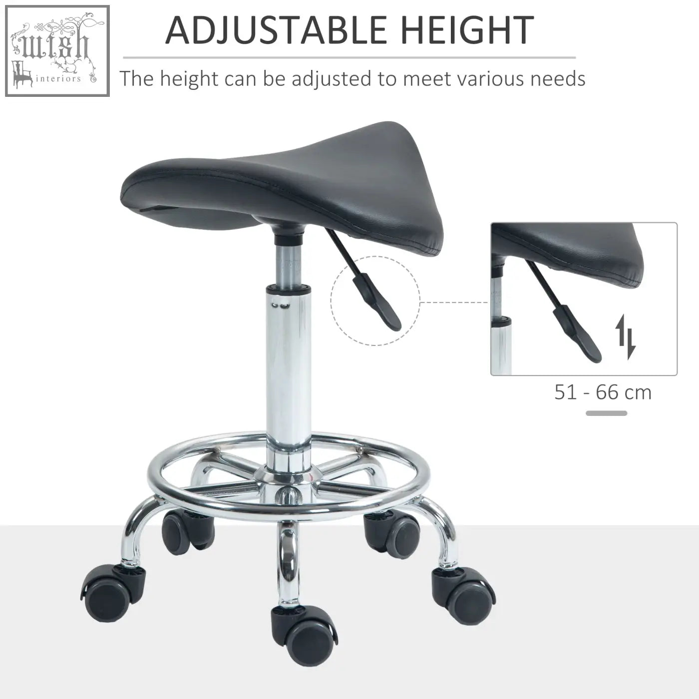 Black leather homcom saddle stool with chrome adjustable base and casters for tattoo studios spa and clinics