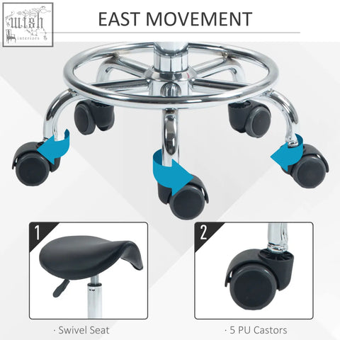 Chrome-finished black saddle stool with swivel seat and rolling casters ideal for tattoo studios and salons