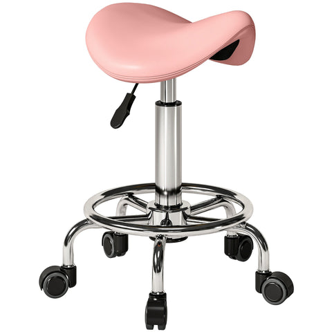 Pink homcom saddle stool with chrome base and black casters perfect for salon massage spa and tattoo use