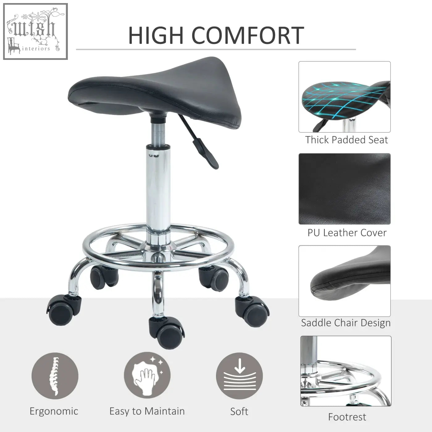 Black pu leather high comfort saddle stool with chrome base and casters ideal for tattoo studios and salons