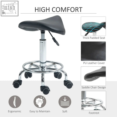 Black pu leather high comfort saddle stool with chrome base and casters ideal for tattoo studios and salons