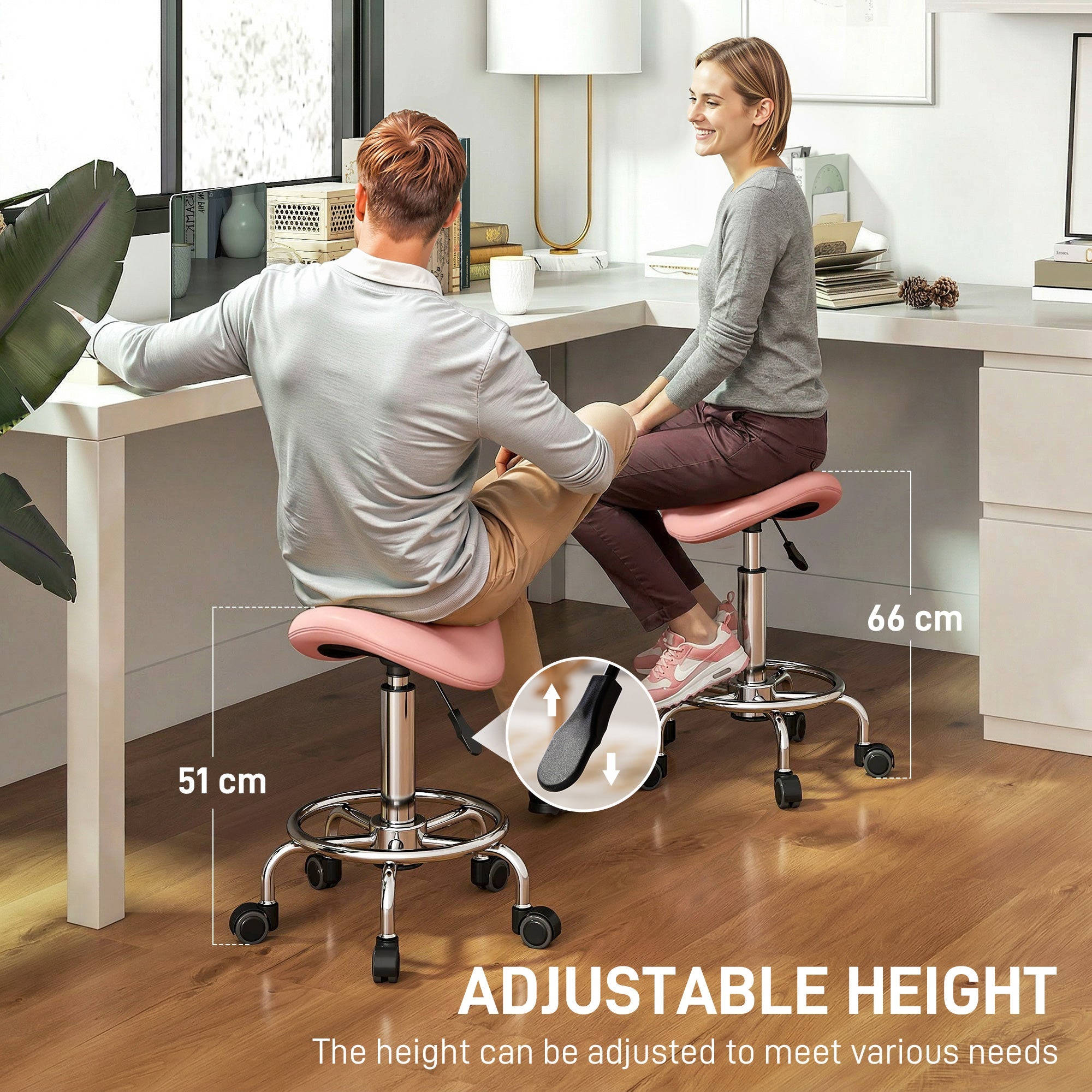 Pink HOMCOM saddle stool with chrome base, casters, and adjustable height for salon and spa use