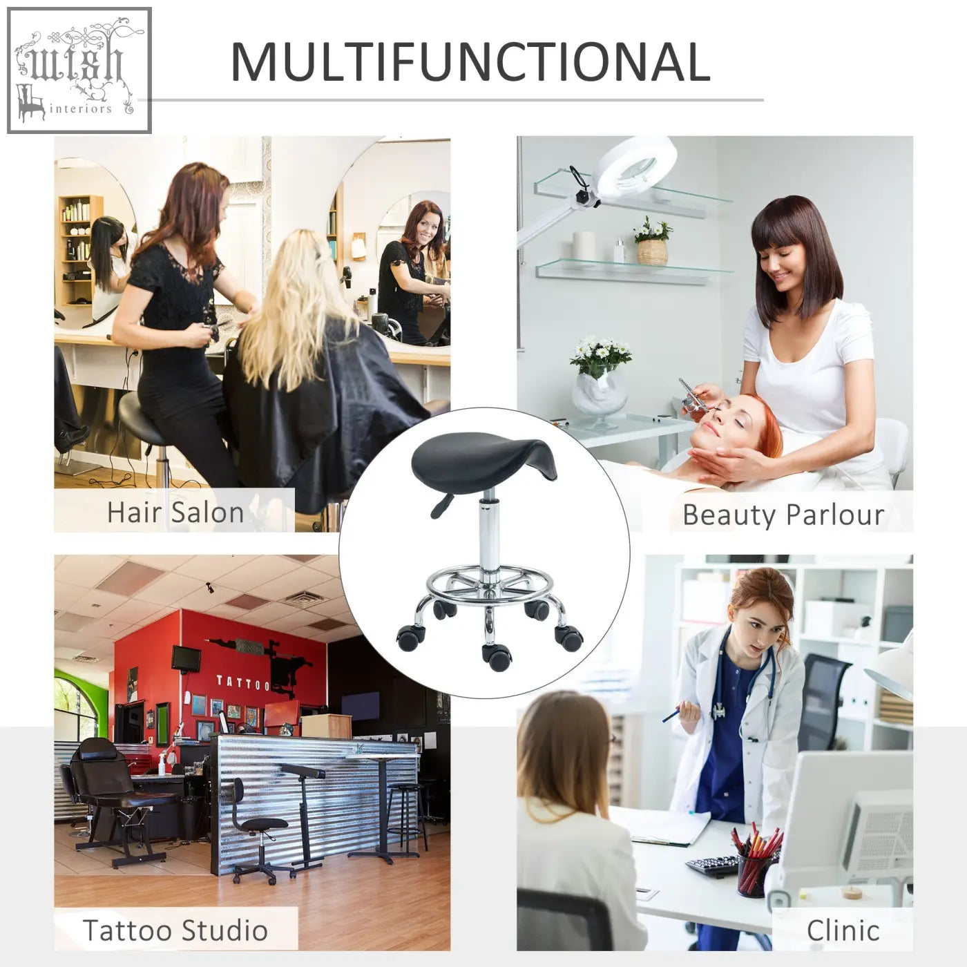 Black homcom ergonomic saddle stool with padded seat and chrome frame on casters for salon spa and clinic use