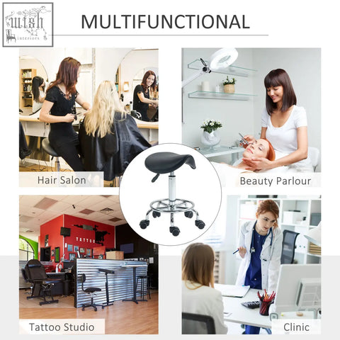 Black homcom ergonomic saddle stool with padded seat and chrome frame on casters for salon spa and clinic use