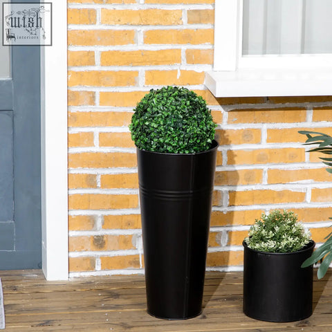 Black cylindrical cement-filled pot with dense green boxwood trees from homcom set for indoor outdoor decor