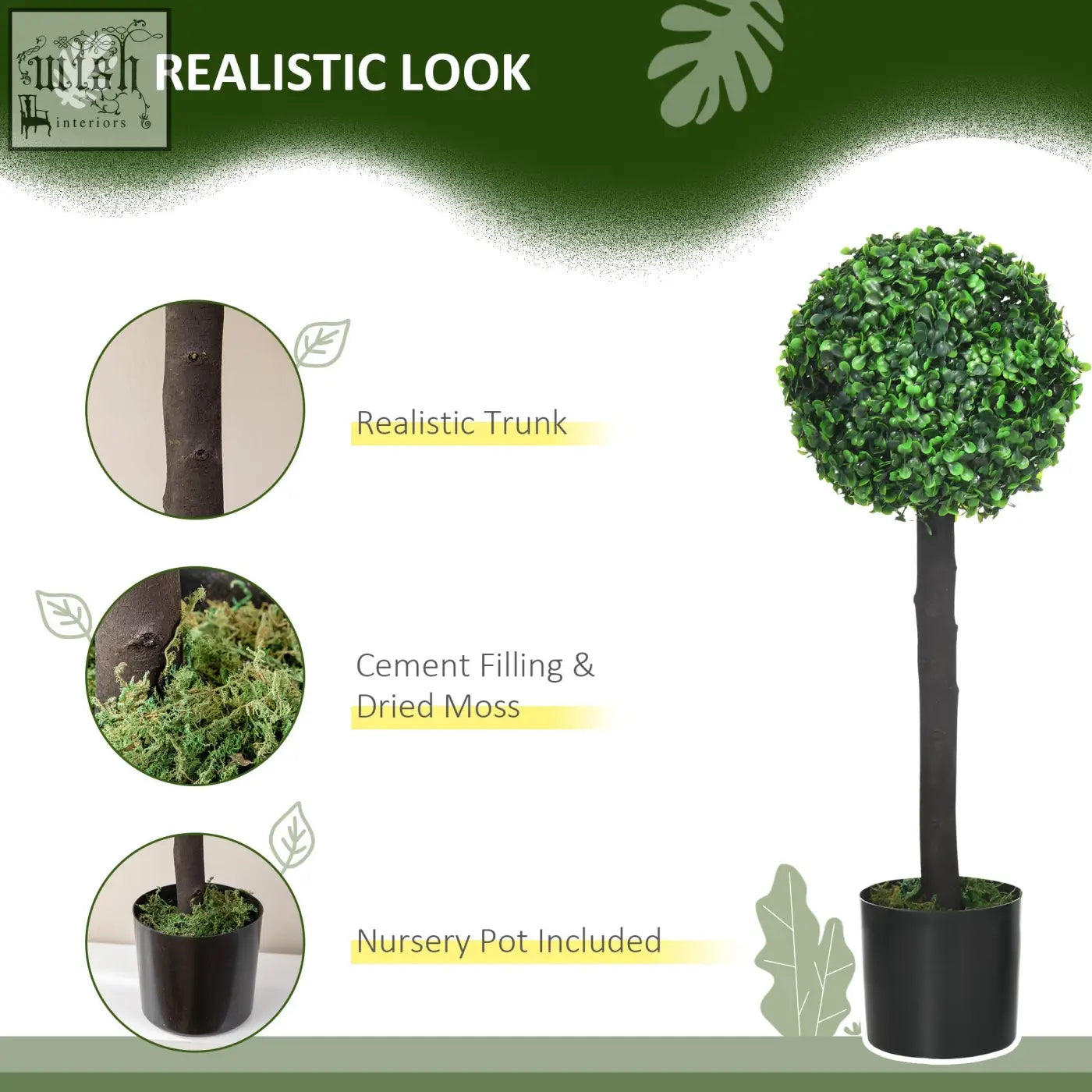 Homcom set of 2 green boxwood trees with dense foliage in black cement-filled pot for indoor outdoor decor