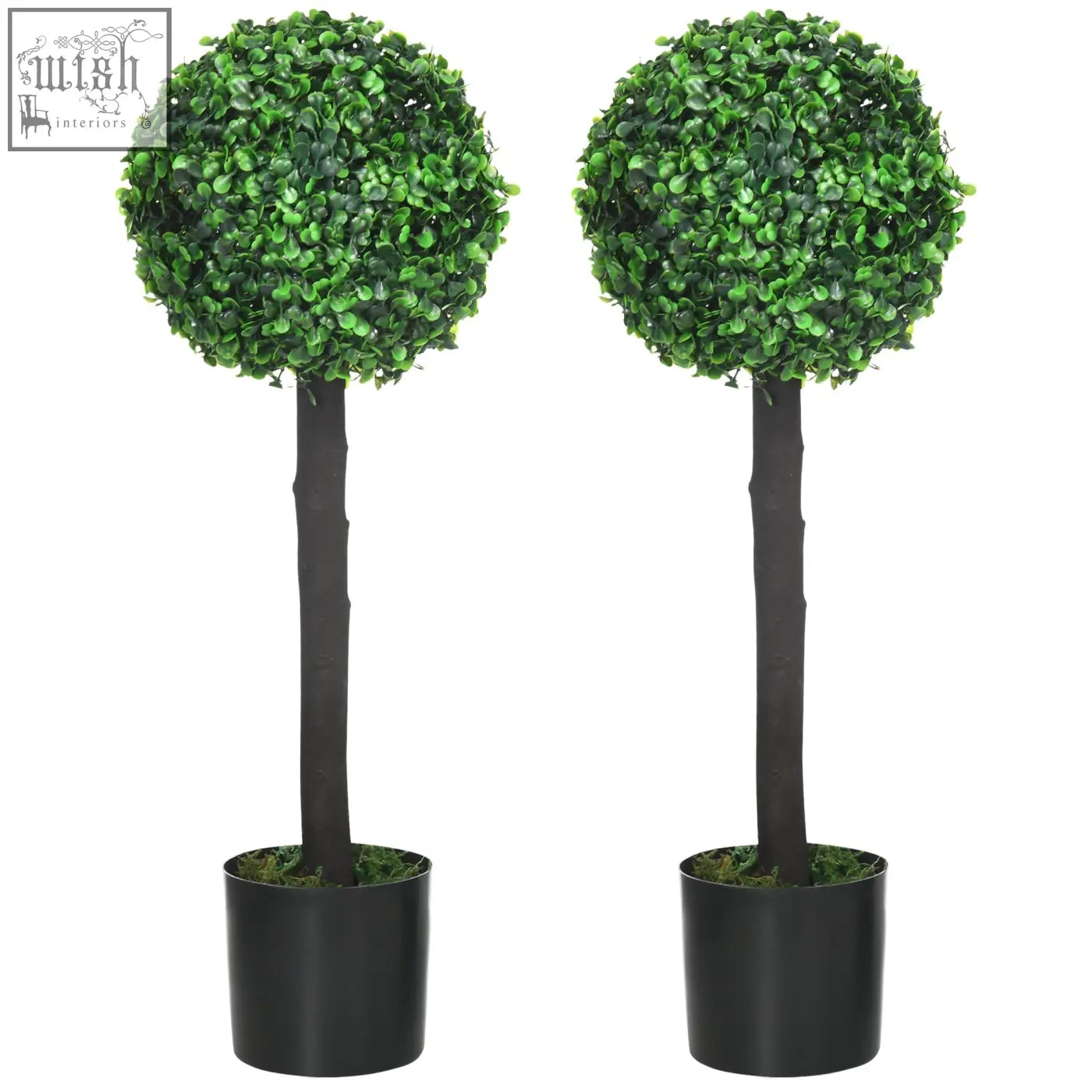 Two vibrant green homcom set boxwood trees in cement-filled black pots perfect for indoor outdoor decor