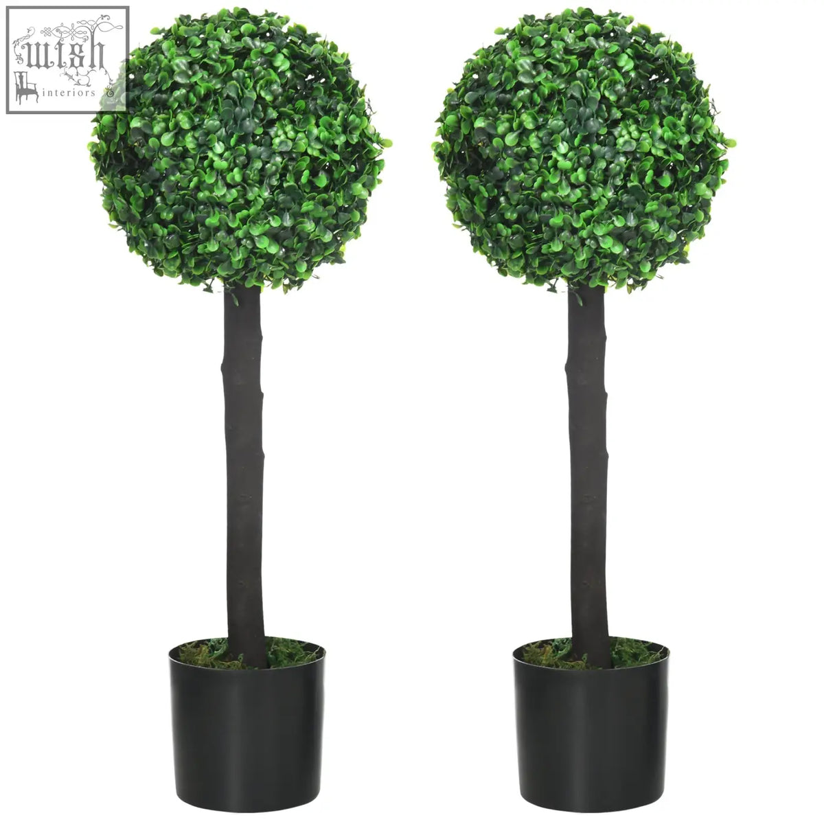 Two vibrant green homcom set boxwood trees in cement-filled black pots perfect for indoor outdoor decor