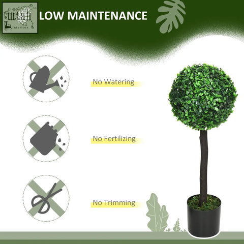 Artificial green boxwood trees with round foliage in cement-filled black pots from homcom set for indoor outdoor decor