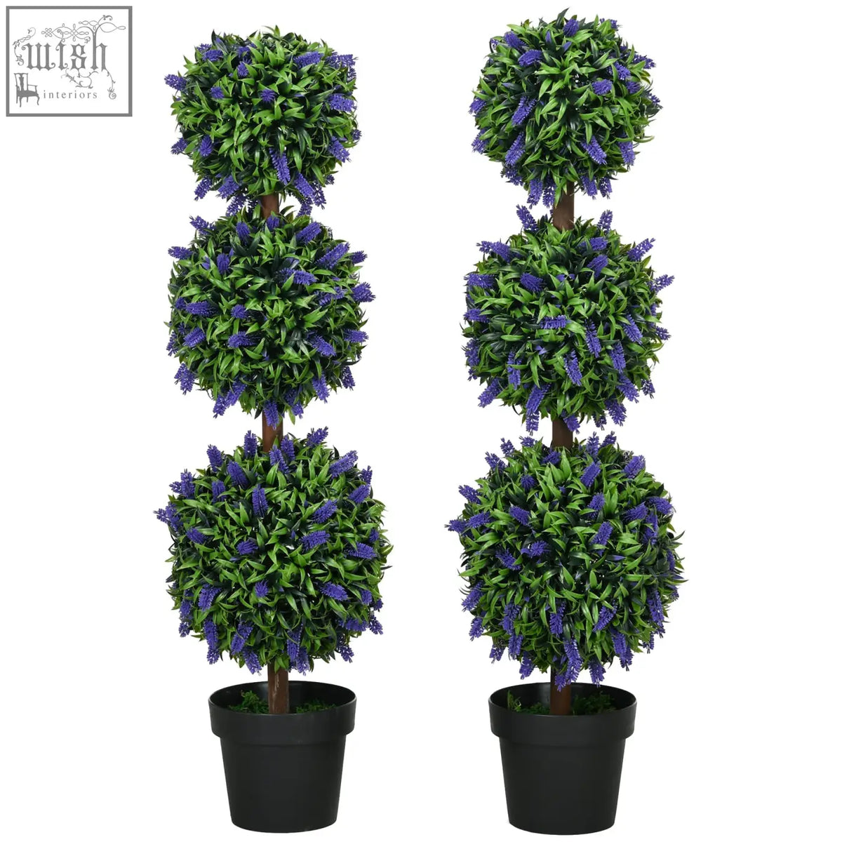 Two homcom set artificial plants with three-tiered lavender flowers in black pots for indoor outdoor decor