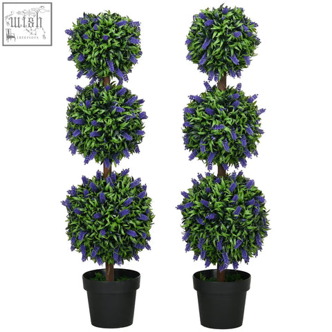 Two homcom set artificial plants with three-tiered lavender flowers in black pots for indoor outdoor decor