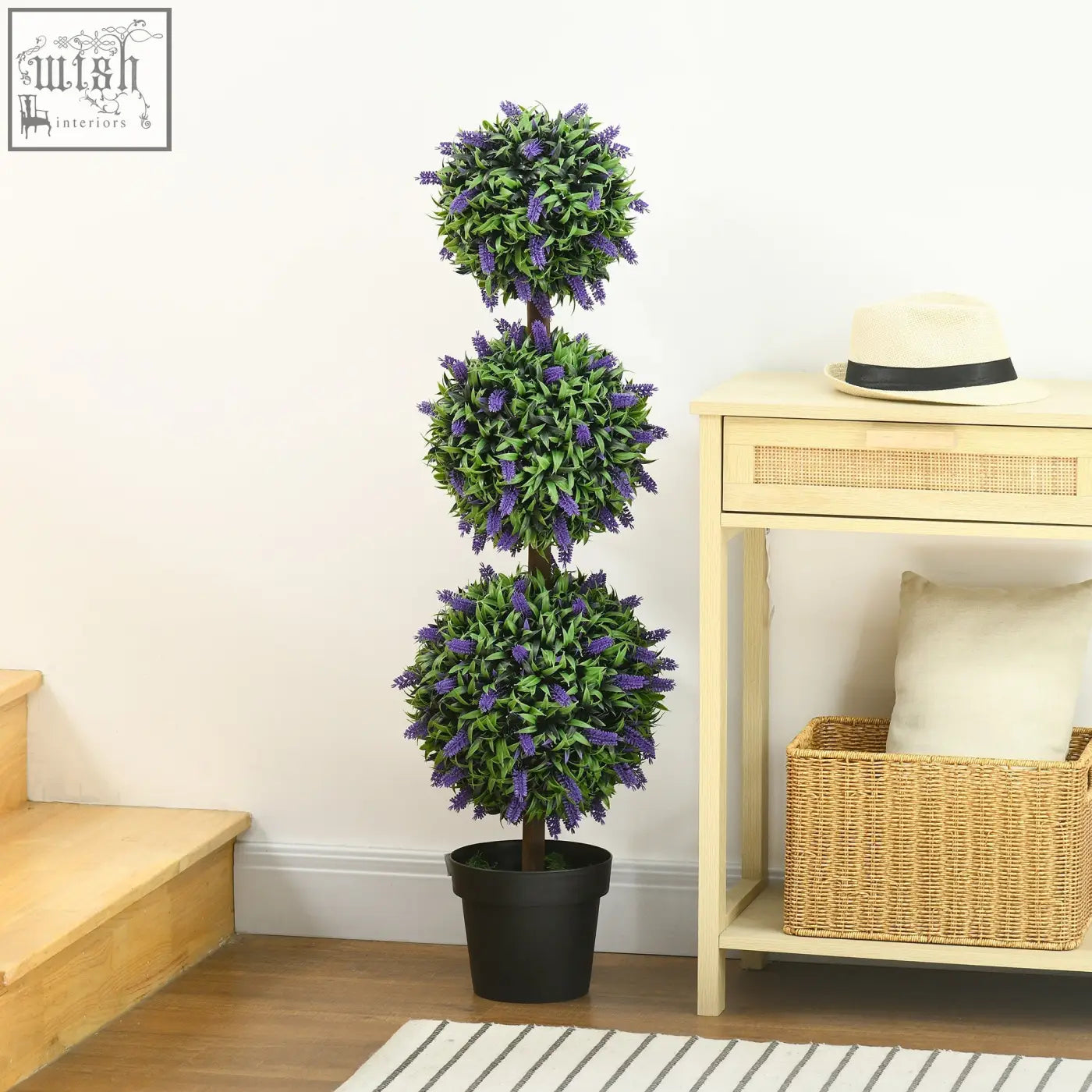 Tall homcom set artificial plants with lavender flowers in three tiered green topiary balls in black pots for decor