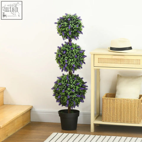 Tall homcom set artificial plants with lavender flowers in three tiered green topiary balls in black pots for decor