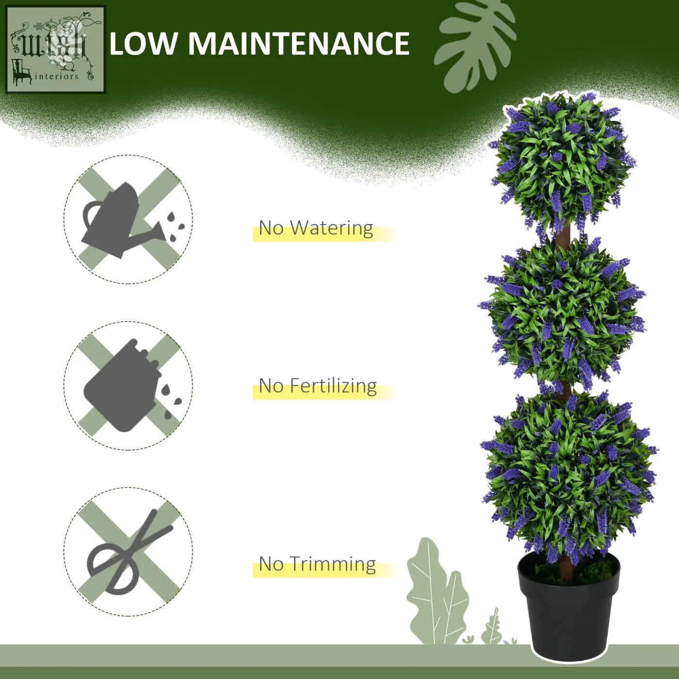 Artificial three-tiered homcom set of 2 plants with lush green foliage and lavender flowers in black pots for indoor outdoor decor