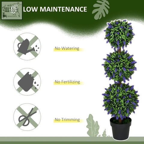 Artificial three-tiered homcom set of 2 plants with lush green foliage and lavender flowers in black pots for indoor outdoor decor