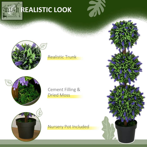 Three-tiered artificial plants with lush green foliage and purple lavender flowers in black pots from homcom set