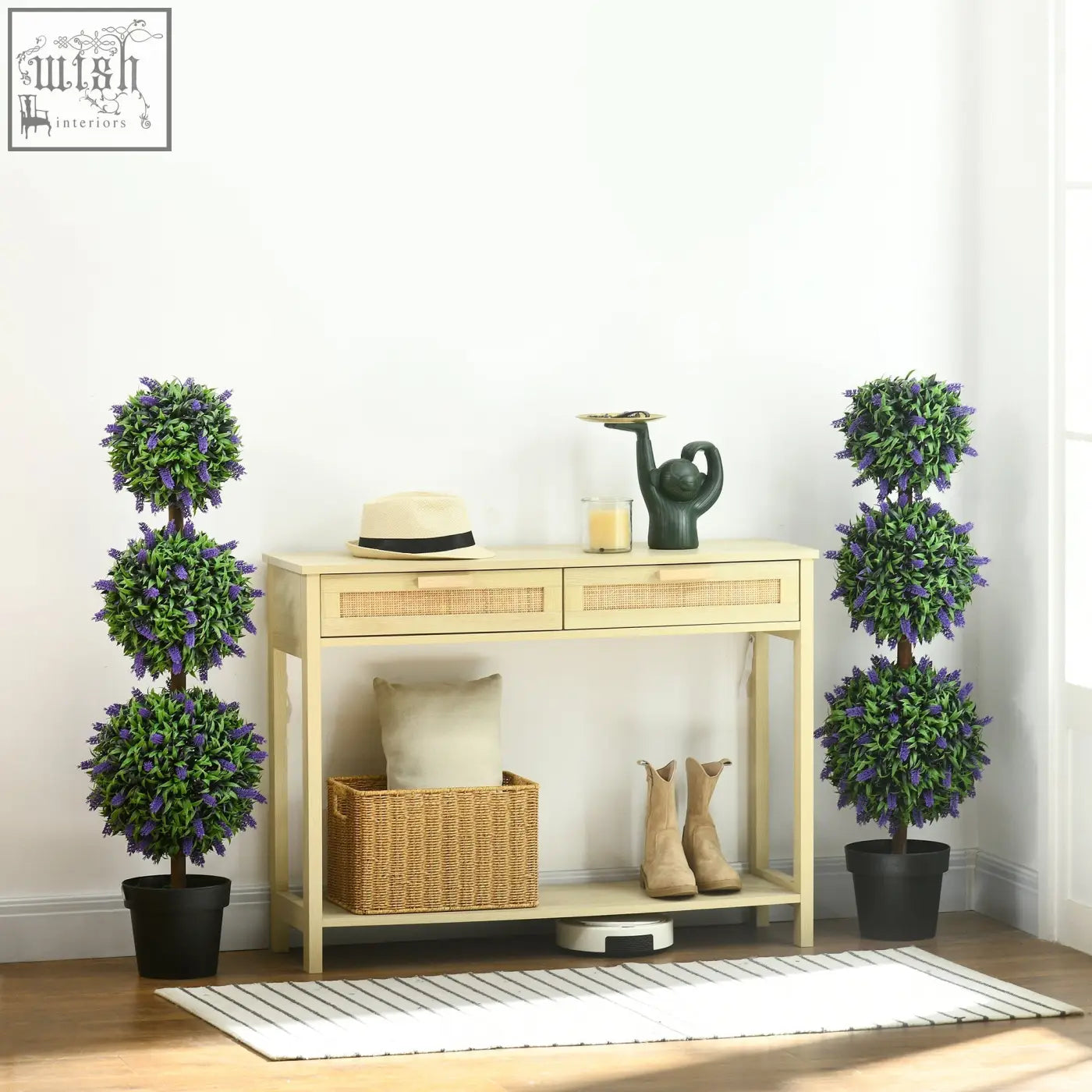 Light beige wooden console table with woven rattan drawers and open shelf styled with homcom set artificial lavender flowers for decor