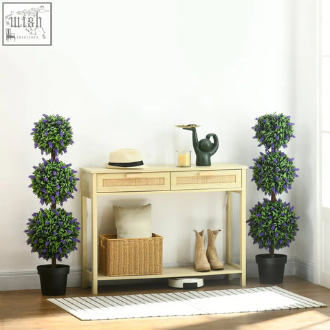 Light beige wooden console table with woven rattan drawers and open shelf styled with homcom set artificial lavender flowers for decor