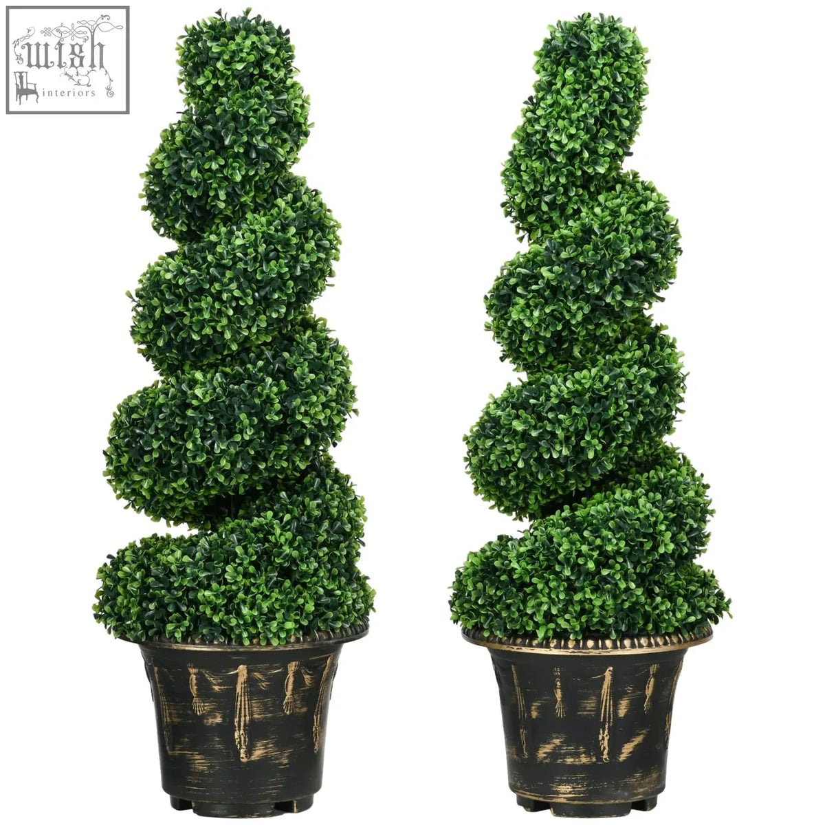 Two identical homcom spiral boxwood trees with dense green foliage in black pots with gold accents for indoor outdoor decor