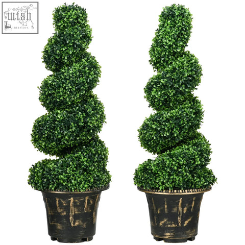 Two identical homcom spiral boxwood trees with dense green foliage in black pots with gold accents for indoor outdoor decor