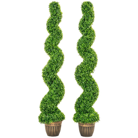 Two tall artificial spiral boxwood trees in dark brown ribbed pots for indoor outdoor home decor 150cm