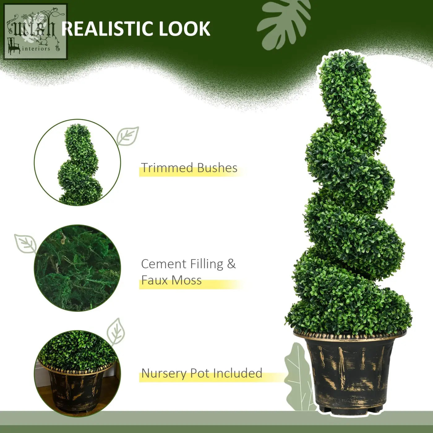 A tall green spiral boxwood tree with dense foliage in a textured dark brown nursery pot for indoor outdoor decor