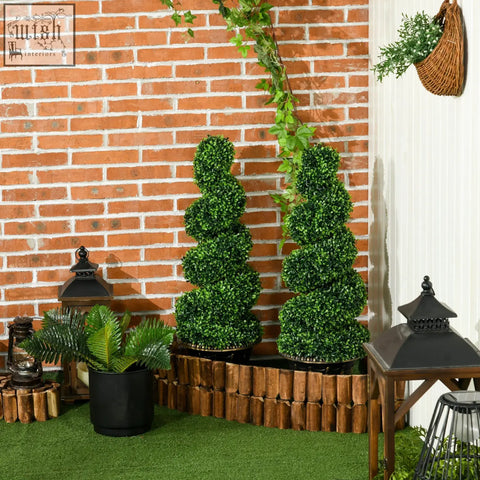 Two tall green spiral boxwood trees in wooden planters perfect for indoor or outdoor home decor