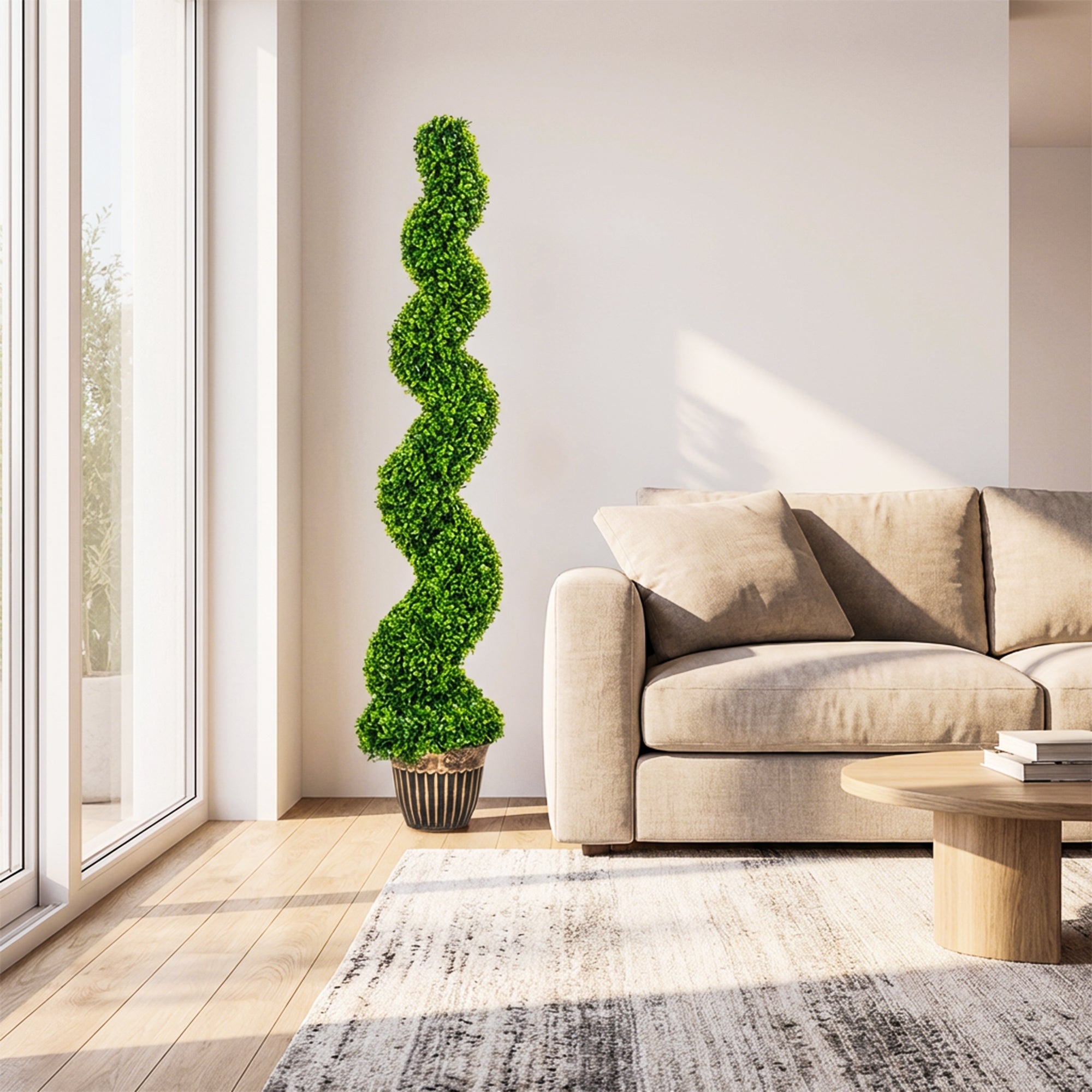 A tall green spiral boxwood tree in a dark brown striped pot from the homcom set of 2 artificial plants